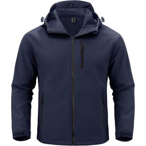 imageMAGCOMSEN Mens Waterproof Fleece Lined Rain Jacket Lightweight Softshell Raincoat with Hood Winter Hiking WindbreakerNavy