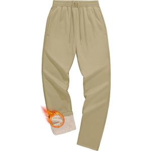 imageMAGCOMSEN Mens Winter Fleece Pants Sherpa Lined Sweatpants with Pockets Drawstring Lounge Running Athletic Warm PantsKhaki