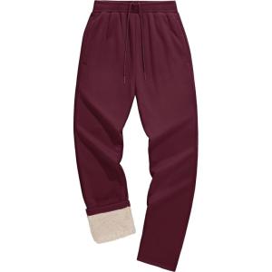 imageMAGCOMSEN Mens Winter Fleece Pants Sherpa Lined Sweatpants with Pockets Drawstring Lounge Running Athletic Warm PantsWine Red