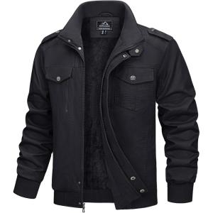 imageMAGCOMSEN Mens Winter Jacket Fleece Lined Work Jackets Waxed Canvas Shirt Jackets Warm Sherpa Trucker Military JacketBlack