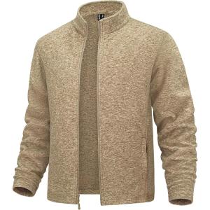 imageMAGCOMSEN Mens Zip Up Sweatshirt Casual Fleece Jacket with Zipper Pockets and Stand CollarKhaki