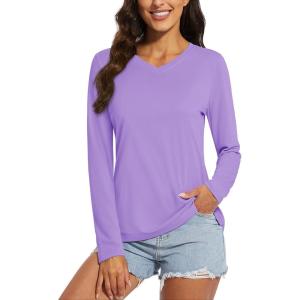 imageMAGCOMSEN SPF Shirts for Women Long Sleeve Workout Tops VNeck UPF 50 UV Sun Shirt Quick Dry Performance Tees Swim TopsLight Purple