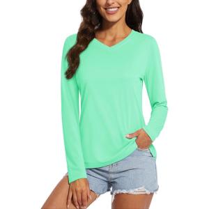 imageMAGCOMSEN SPF Shirts for Women Long Sleeve Workout Tops VNeck UPF 50 UV Sun Shirt Quick Dry Performance Tees Swim TopsMint Green