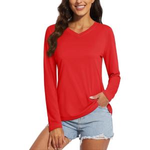 imageMAGCOMSEN SPF Shirts for Women Long Sleeve Workout Tops VNeck UPF 50 UV Sun Shirt Quick Dry Performance Tees Swim TopsTomato