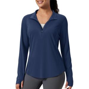 imageMAGCOMSEN Womens Long Sleeve Shirts Sun Protection Half 12 Zip Pullover Rash Guard Quick Dry Hiking Golf Workout TopsNavy