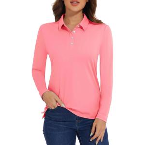 imageMAGCOMSEN Womens Polo Shirts Long Sleeve Golf T Shirt Quick Dry UPF 50 Sun Protection Lightweight Athletic Tennis ShirtsPink