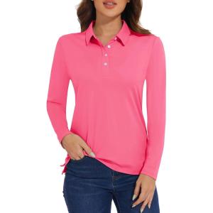 imageMAGCOMSEN Womens Polo Shirts Long Sleeve Golf T Shirt Quick Dry UPF 50 Sun Protection Lightweight Athletic Tennis ShirtsRose Red