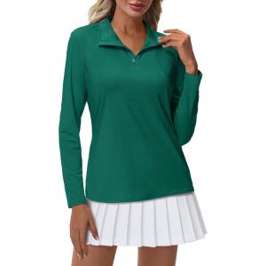 imageMAGCOMSEN Womens Quarter Zip Pullover Long Sleeve UPF 50 Rashguard Golf Sun Protection Shirts Quick Dry Workout TopsEmerald Green