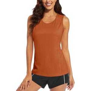 imageMAGCOMSEN Womens Sleeveless Workout Shirts UPF 80 Dry Fit Running Wicking Tank Tops Athletic Gym SummerDark Orange