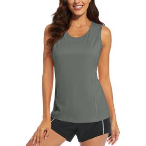 imageMAGCOMSEN Womens Sleeveless Workout Shirts UPF 80 Dry Fit Running Wicking Tank Tops Athletic Gym SummerDary Grey