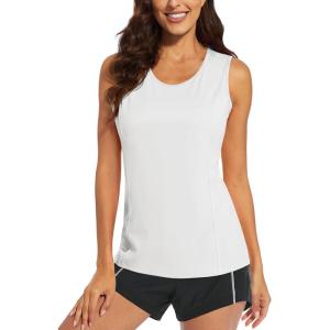 imageMAGCOMSEN Womens Sleeveless Workout Shirts UPF 80 Dry Fit Running Wicking Tank Tops Athletic Gym SummerWhite