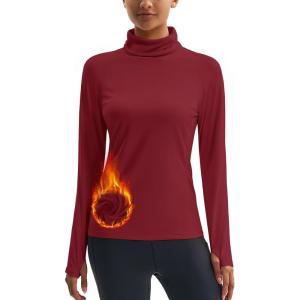 imageMAGCOMSEN Womens Thermal Shirts Mock Turtleneck Long Sleeve Undershirt Fleece Base Layer Top with Thumb HolesVintagered