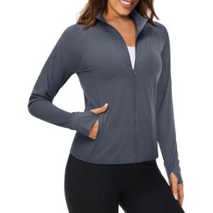 imageMAGCOMSEN Womens UPF 50 Lightweight Zip Up Jackets Cropped Athletic Workout UV Protection Sun Shirt RunningDark Grey