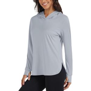 imageMAGCOMSEN Womens UPF 80 Sun Protection Hoodie Long Sleeve Hiking Fishing Lightweight UV Rashguard with Thumb HoleL Grey