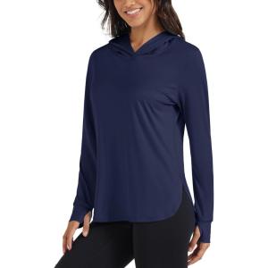 imageMAGCOMSEN Womens UPF 80 Sun Protection Hoodie Long Sleeve Hiking Fishing Lightweight UV Rashguard with Thumb HoleNavy