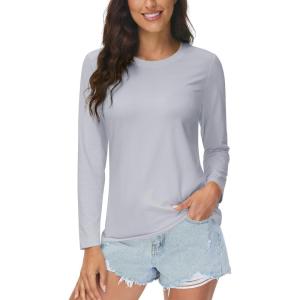 imageMAGCOMSEN Womens UPF 80 Workout Shirts Long Sleeve Atheltic TShirt Quick Dry Rash Guard Swim TopsLight Grey