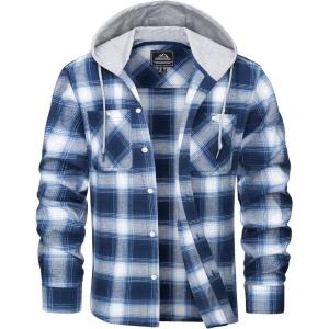 imageMAGCOMSEN Mens Flannel Shirts Long Sleeve Button Down Flannel Shirt Jacket with Hood Casual Cotton Plaid ShirtBlue White