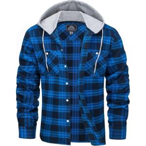 imageMAGCOMSEN Mens Flannel Shirts Long Sleeve Button Down Flannel Shirt Jacket with Hood Casual Cotton Plaid ShirtBright Blue