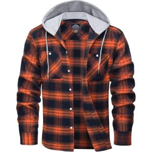 imageMAGCOMSEN Mens Flannel Shirts Long Sleeve Button Down Flannel Shirt Jacket with Hood Casual Cotton Plaid ShirtOrange