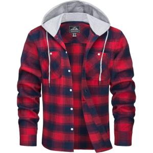 imageMAGCOMSEN Mens Flannel Shirts Long Sleeve Button Down Flannel Shirt Jacket with Hood Casual Cotton Plaid ShirtRed