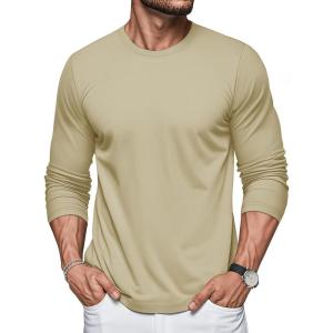 imageMAGCOMSEN Mens Long Sleeve Shirts Cotton Crew Neck T Shirt Solid Casual Shirt Lightweight Work Tee ShirtsKhaki