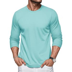 imageMAGCOMSEN Mens Long Sleeve Shirts Cotton Crew Neck T Shirt Solid Casual Shirt Lightweight Work Tee ShirtsLake Blue