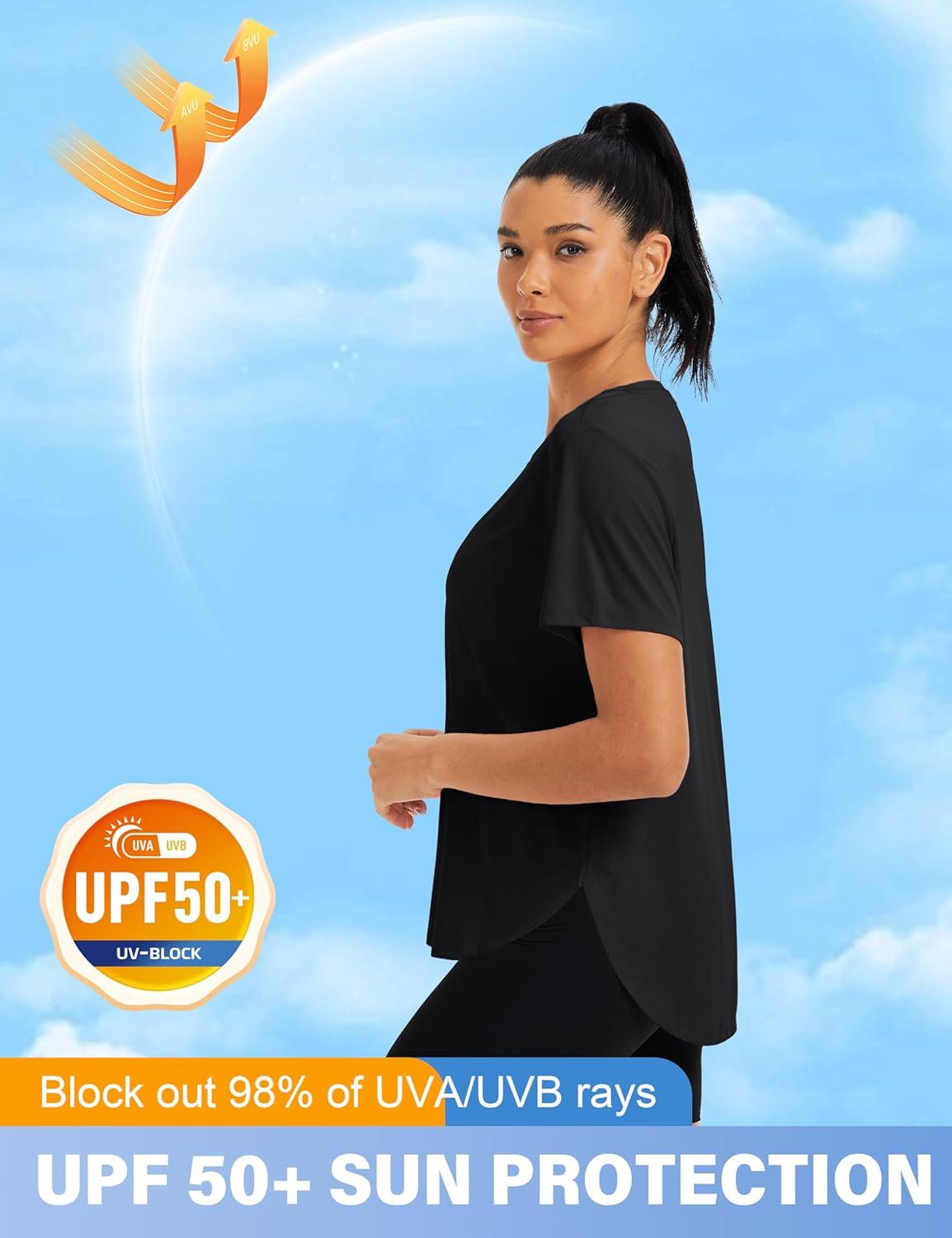imageMAGCOMSEN Women Workout Short Sleeve Tops UPF 50 Sun T Shirt Quick Dry Moisture Wicking Shirts for Yoga Running HikingBlack