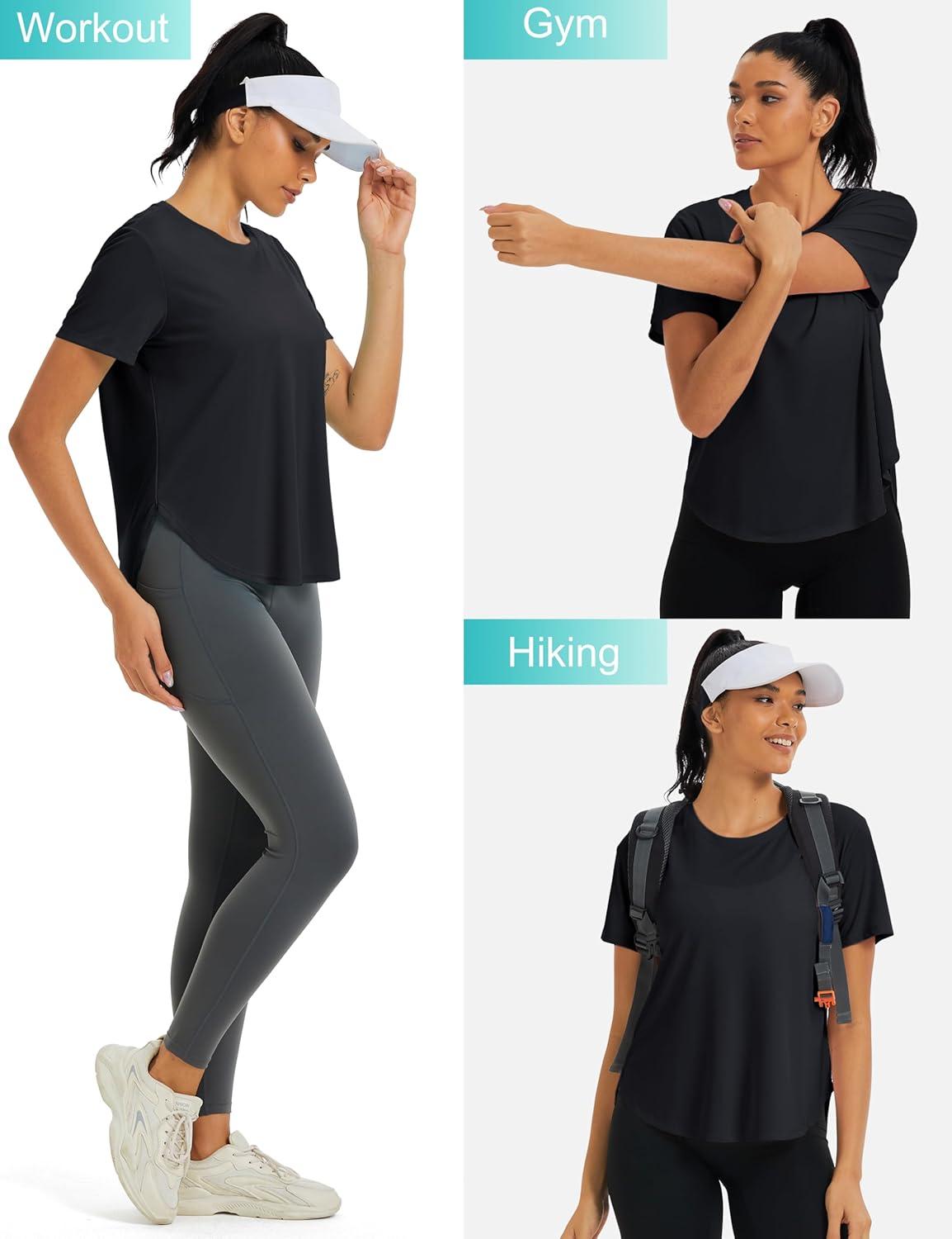 imageMAGCOMSEN Women Workout Short Sleeve Tops UPF 50 Sun T Shirt Quick Dry Moisture Wicking Shirts for Yoga Running HikingBlack