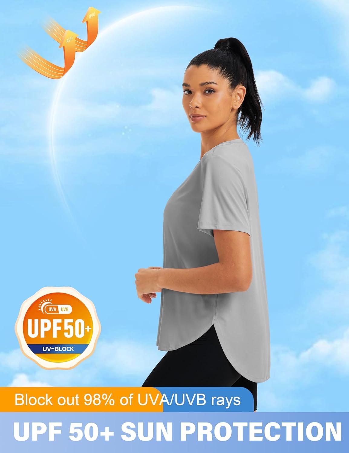 imageMAGCOMSEN Women Workout Short Sleeve Tops UPF 50 Sun T Shirt Quick Dry Moisture Wicking Shirts for Yoga Running HikingLight Grey