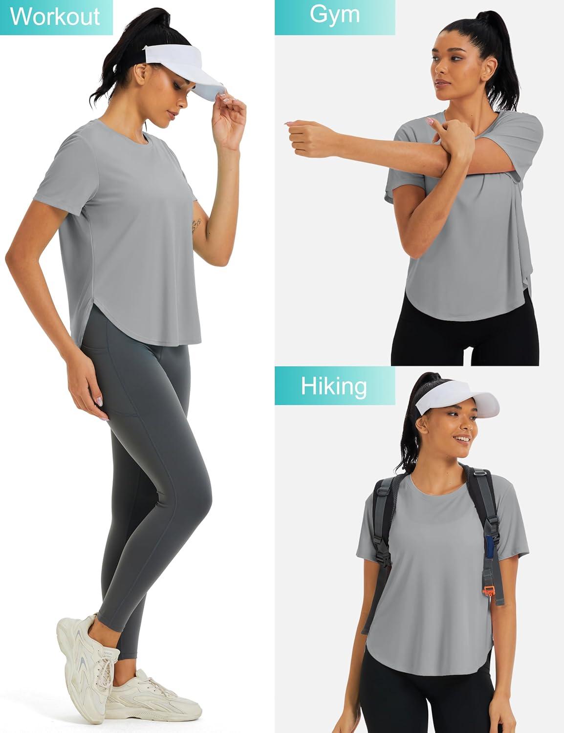 imageMAGCOMSEN Women Workout Short Sleeve Tops UPF 50 Sun T Shirt Quick Dry Moisture Wicking Shirts for Yoga Running HikingLight Grey