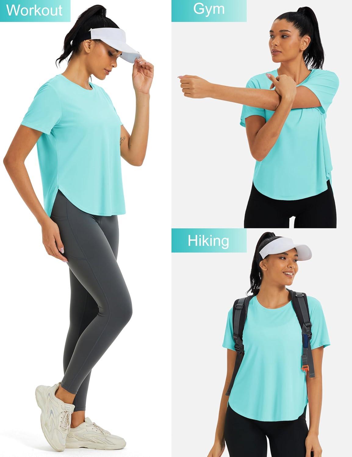 imageMAGCOMSEN Women Workout Short Sleeve Tops UPF 50 Sun T Shirt Quick Dry Moisture Wicking Shirts for Yoga Running HikingLight Lake Blue
