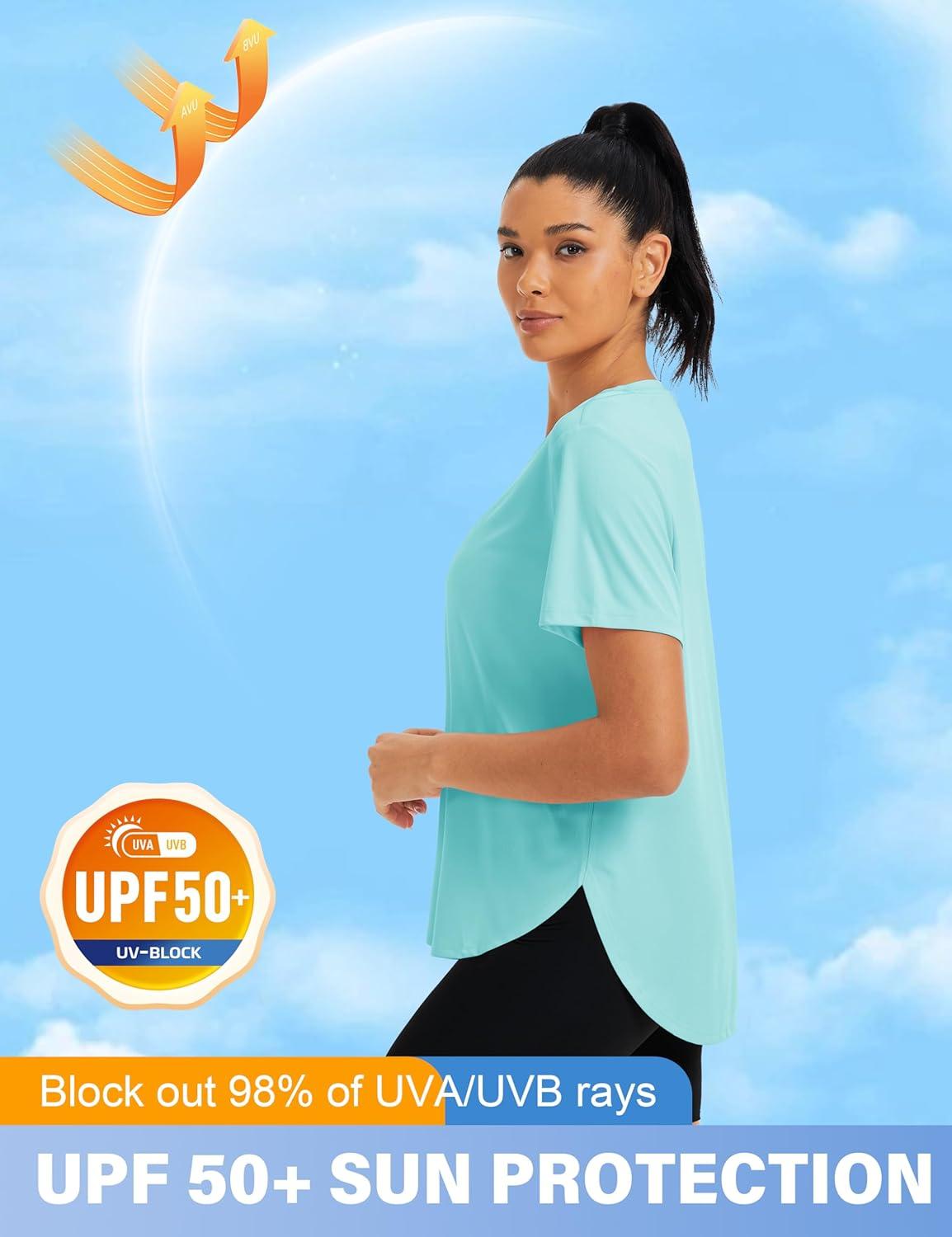 imageMAGCOMSEN Women Workout Short Sleeve Tops UPF 50 Sun T Shirt Quick Dry Moisture Wicking Shirts for Yoga Running HikingLight Lake Blue