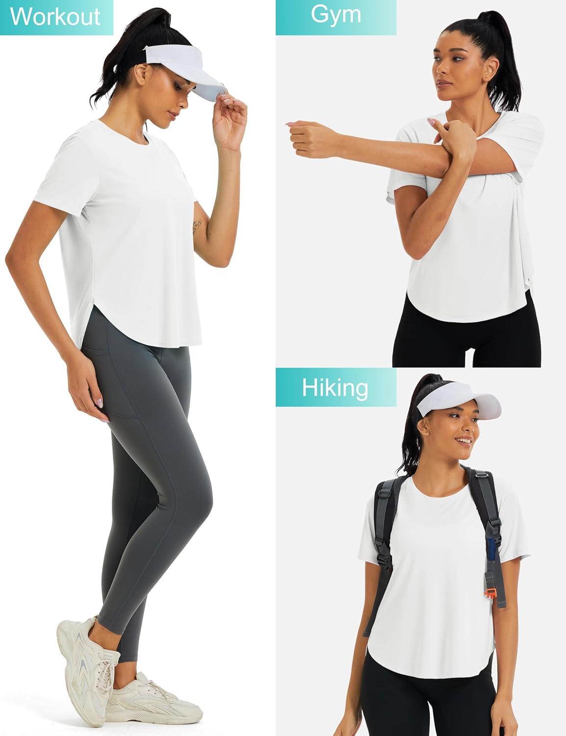 imageMAGCOMSEN Women Workout Short Sleeve Tops UPF 50 Sun T Shirt Quick Dry Moisture Wicking Shirts for Yoga Running HikingWhite