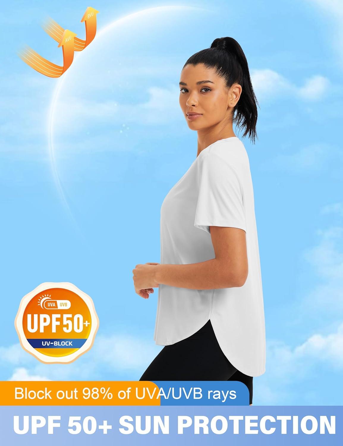 imageMAGCOMSEN Women Workout Short Sleeve Tops UPF 50 Sun T Shirt Quick Dry Moisture Wicking Shirts for Yoga Running HikingWhite