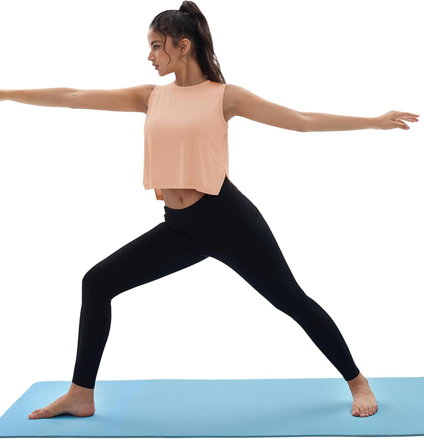 imageMAGCOMSEN Womens Crop Tank Tops Workout Sleeveless Shirts Loose Fit Gym Yoga Top with Side SlitsApricot