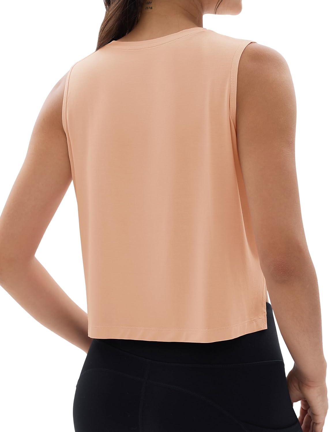 imageMAGCOMSEN Womens Crop Tank Tops Workout Sleeveless Shirts Loose Fit Gym Yoga Top with Side SlitsApricot