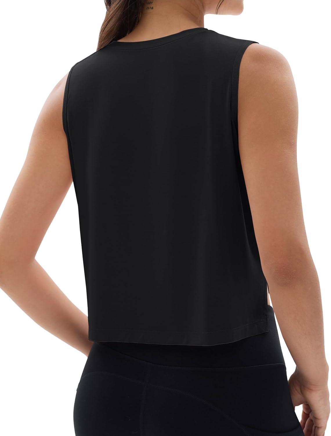 imageMAGCOMSEN Womens Crop Tank Tops Workout Sleeveless Shirts Loose Fit Gym Yoga Top with Side SlitsBlack