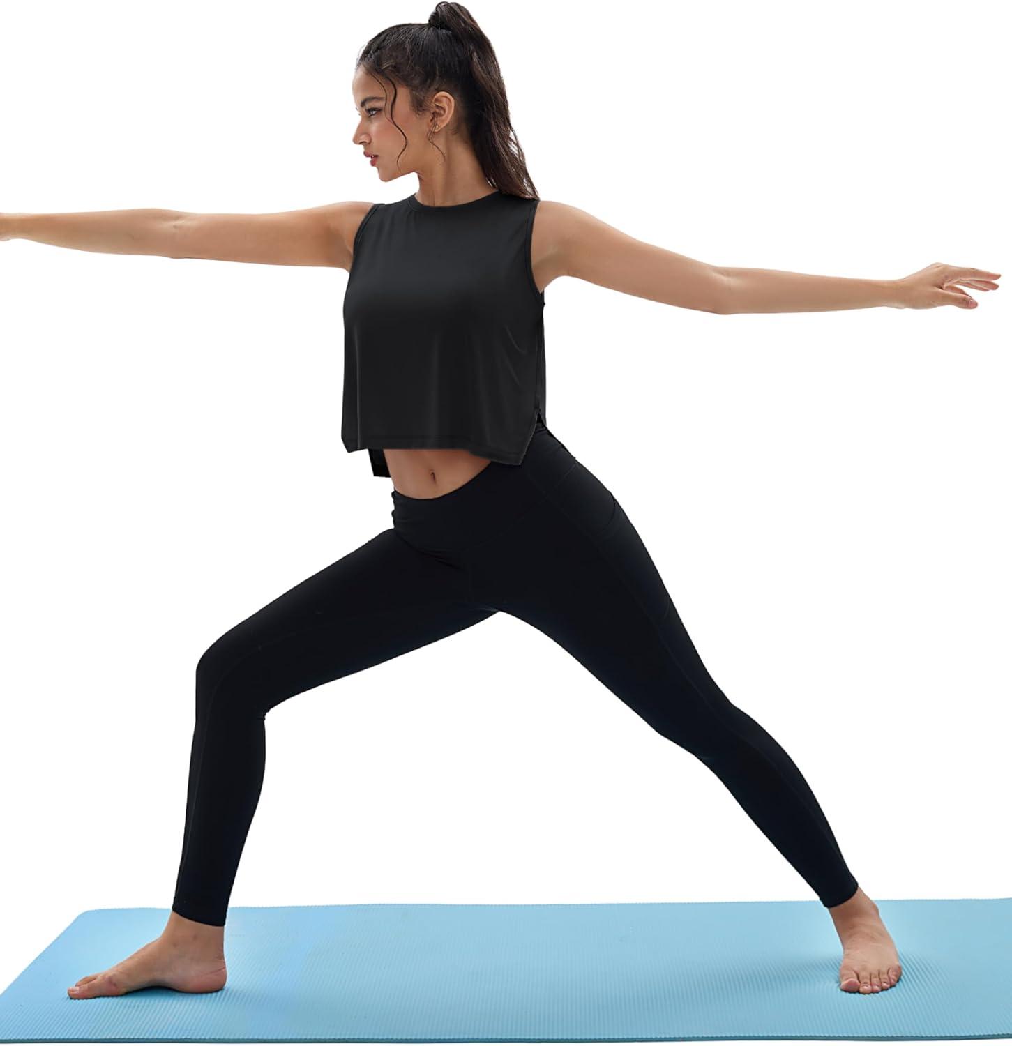 imageMAGCOMSEN Womens Crop Tank Tops Workout Sleeveless Shirts Loose Fit Gym Yoga Top with Side SlitsBlack