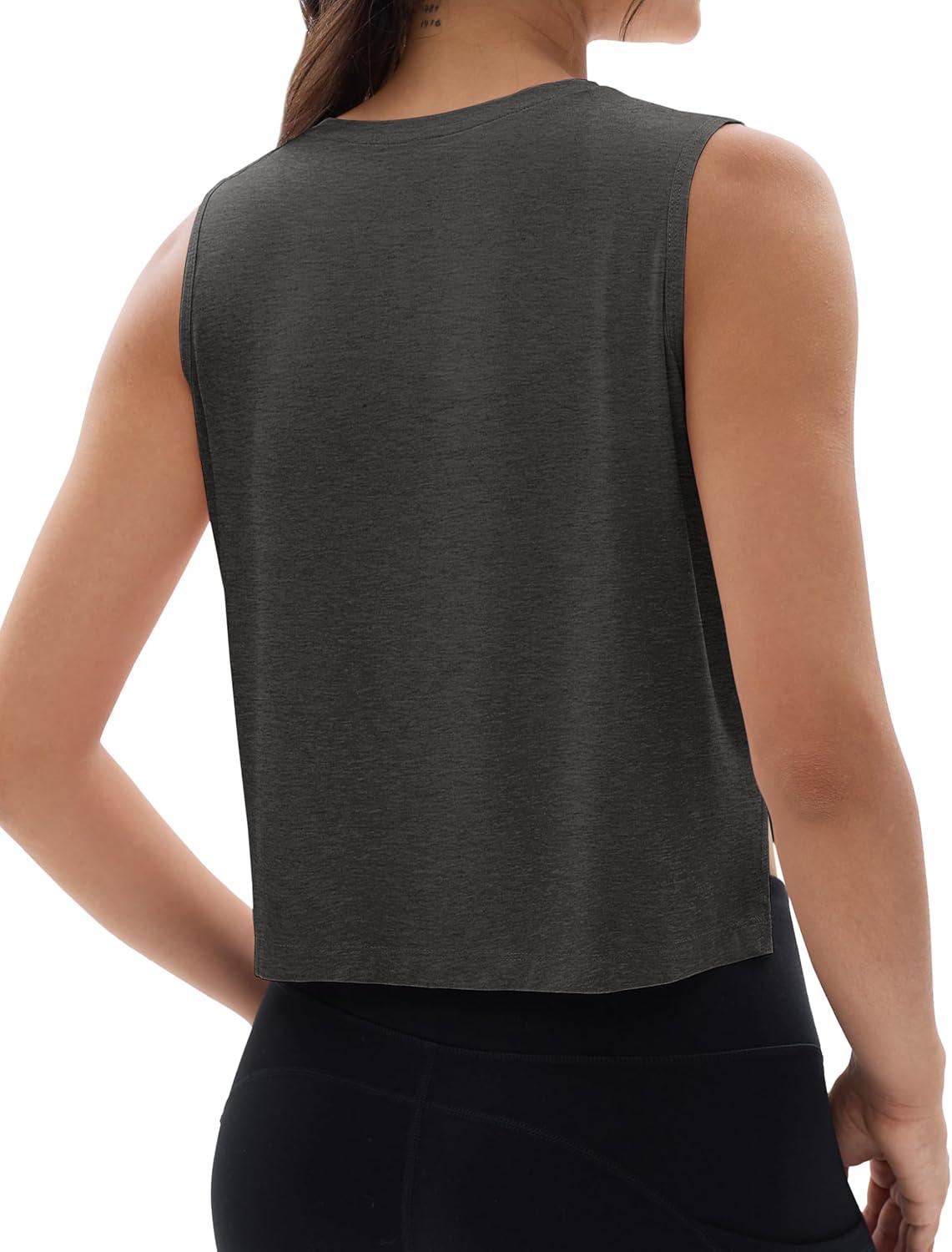 imageMAGCOMSEN Womens Crop Tank Tops Workout Sleeveless Shirts Loose Fit Gym Yoga Top with Side SlitsDark Grey