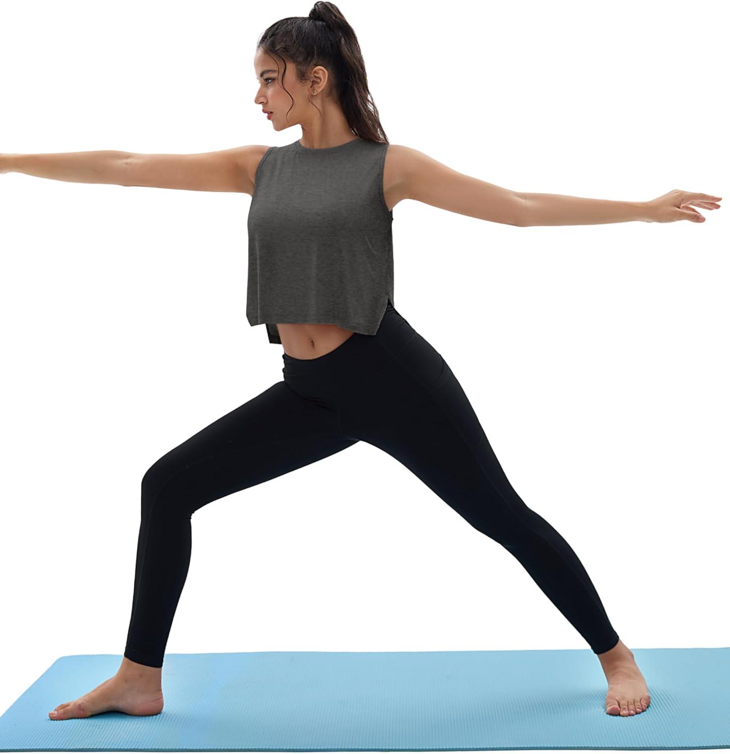 imageMAGCOMSEN Womens Crop Tank Tops Workout Sleeveless Shirts Loose Fit Gym Yoga Top with Side SlitsDark Grey