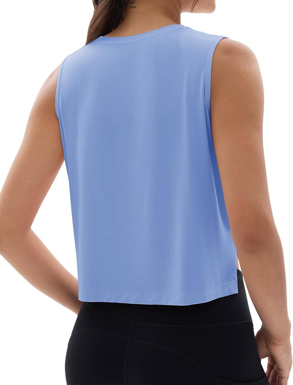 imageMAGCOMSEN Womens Crop Tank Tops Workout Sleeveless Shirts Loose Fit Gym Yoga Top with Side SlitsLight Blue
