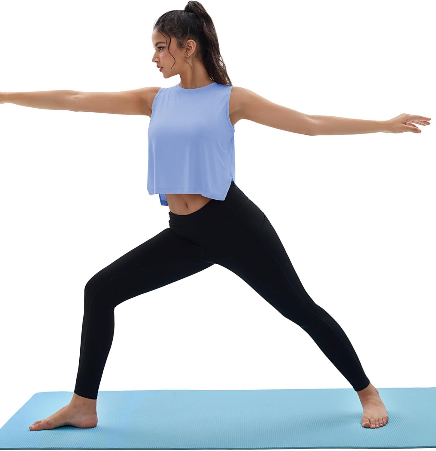 imageMAGCOMSEN Womens Crop Tank Tops Workout Sleeveless Shirts Loose Fit Gym Yoga Top with Side SlitsLight Blue