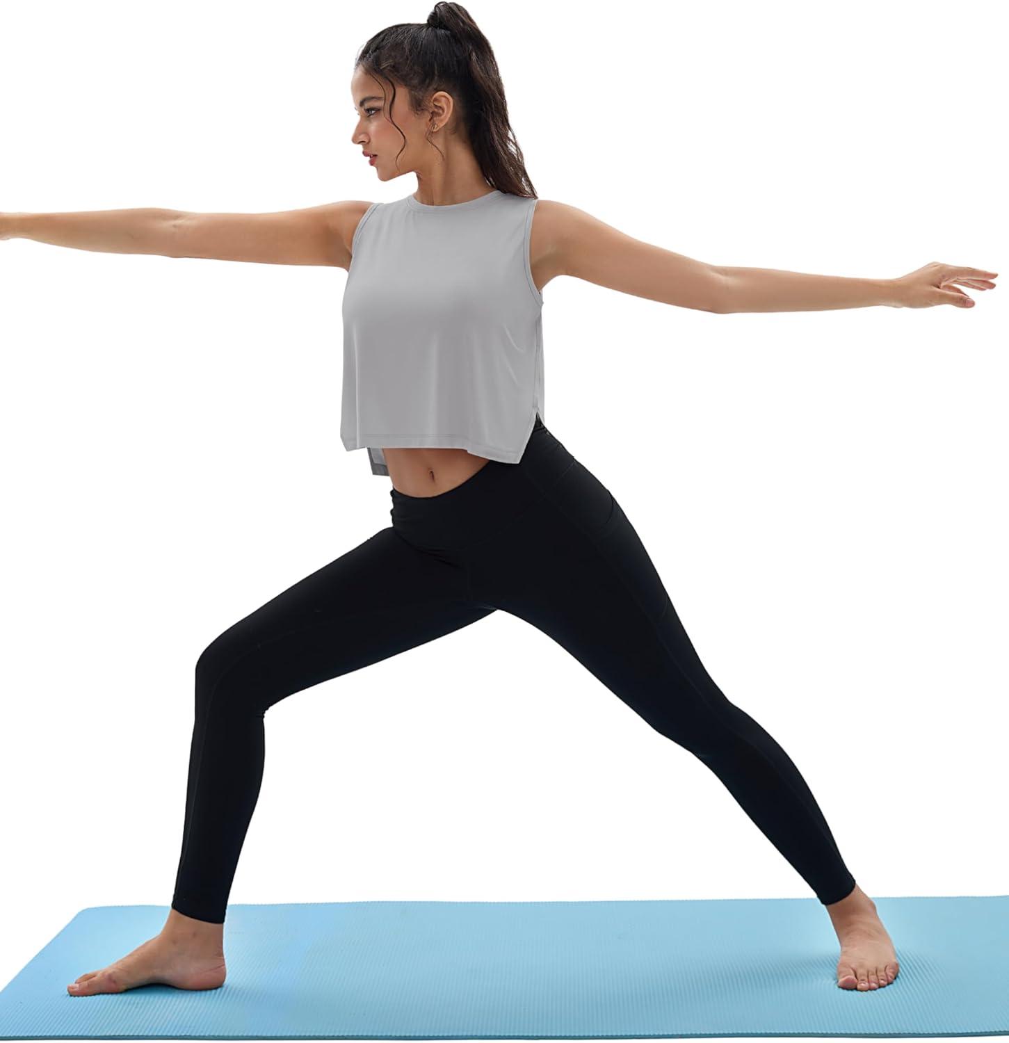 imageMAGCOMSEN Womens Crop Tank Tops Workout Sleeveless Shirts Loose Fit Gym Yoga Top with Side SlitsLight Grey