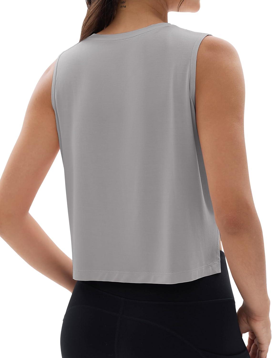 imageMAGCOMSEN Womens Crop Tank Tops Workout Sleeveless Shirts Loose Fit Gym Yoga Top with Side SlitsLight Grey