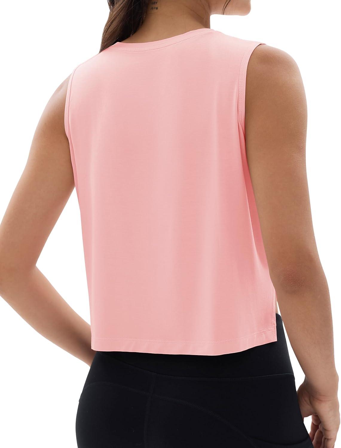 imageMAGCOMSEN Womens Crop Tank Tops Workout Sleeveless Shirts Loose Fit Gym Yoga Top with Side SlitsLight Pink