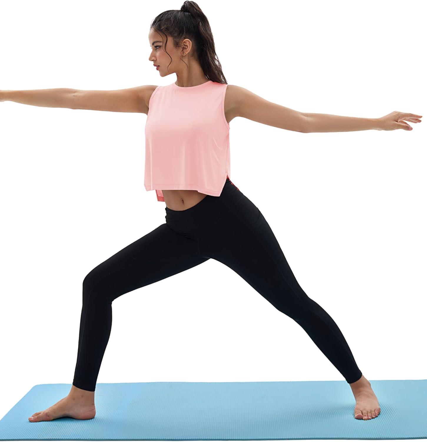 imageMAGCOMSEN Womens Crop Tank Tops Workout Sleeveless Shirts Loose Fit Gym Yoga Top with Side SlitsLight Pink