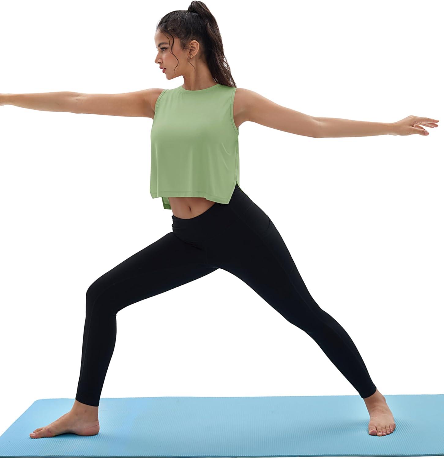 imageMAGCOMSEN Womens Crop Tank Tops Workout Sleeveless Shirts Loose Fit Gym Yoga Top with Side SlitsMist Green