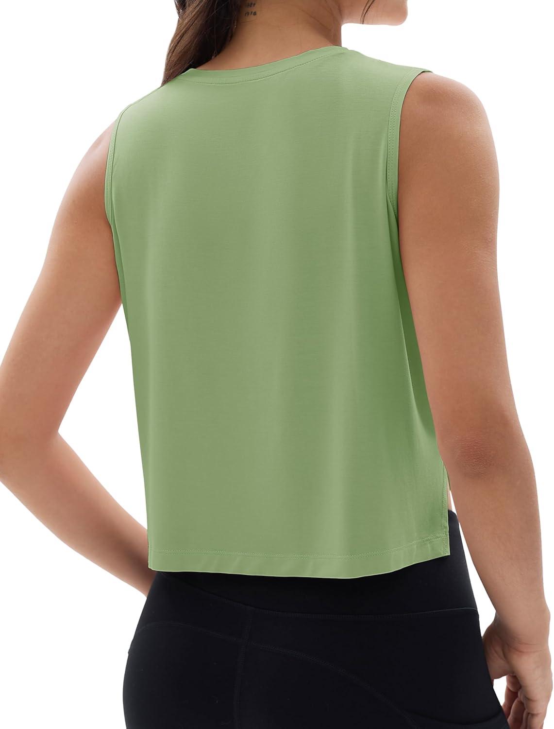 imageMAGCOMSEN Womens Crop Tank Tops Workout Sleeveless Shirts Loose Fit Gym Yoga Top with Side SlitsMist Green