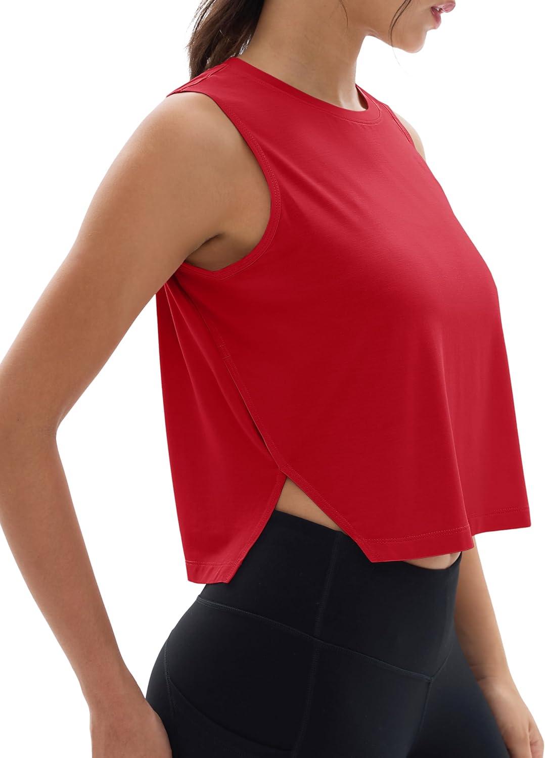 imageMAGCOMSEN Womens Crop Tank Tops Workout Sleeveless Shirts Loose Fit Gym Yoga Top with Side SlitsRed