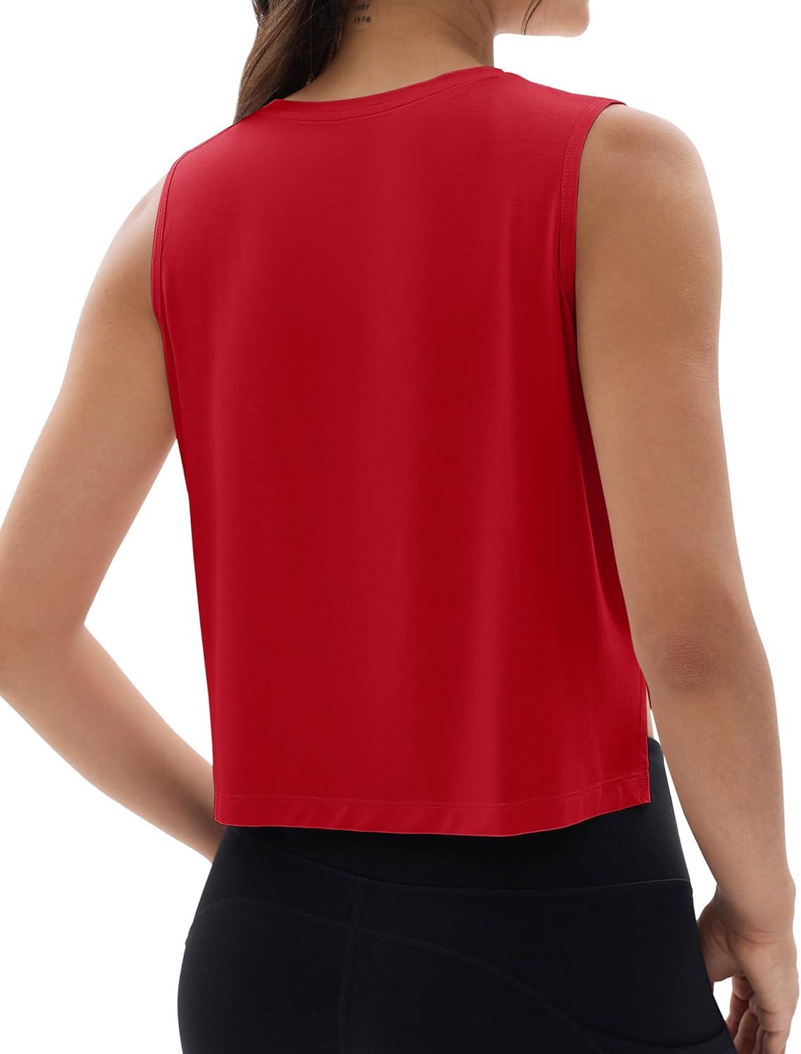 imageMAGCOMSEN Womens Crop Tank Tops Workout Sleeveless Shirts Loose Fit Gym Yoga Top with Side SlitsRed